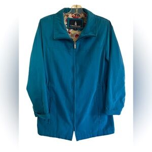 London Fog Women’s Rain Coat Floral Lining Blue  Zip Up Drawstring Small Petite